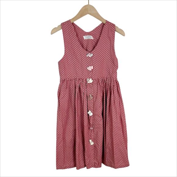 Vintage 80s 90s Girls Sleeveless Dress Pink with Unique Country Buttons - Picture 1 of 6